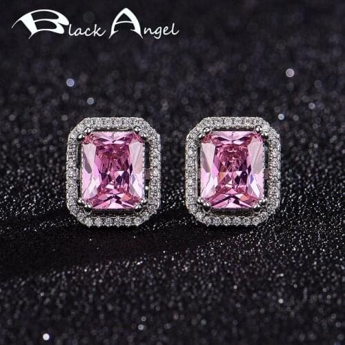 100% 925 Silver Pink Cubic Zirconia Stud Earrings for Women Gemstone Wedding Earrings Fashion Jewelry