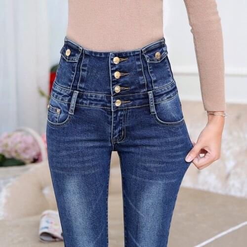 2020 Jeans Woman Autumn And Winter Slim Feet Pencil Pants Waist Stretch Jeans Wholesale Ladies Denim Trousers Female Breasted