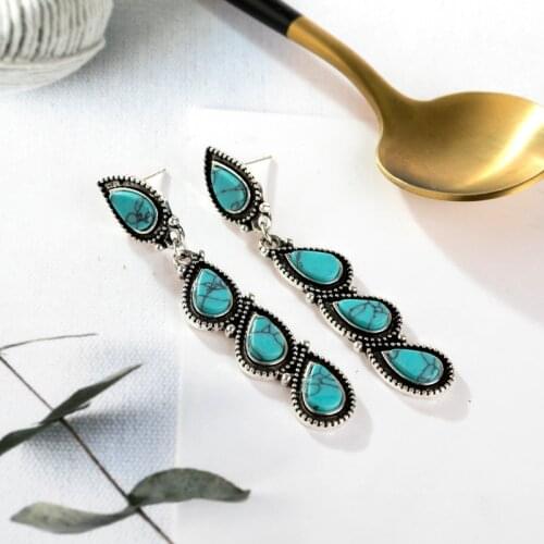Cross-border European and American Popular Drop-shaped Retro Long Earrings Fashion Lady Creative Tree Leaf Turquoise Earrings