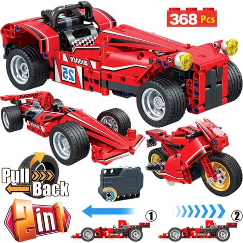 368pcs Creator Rodster Pull Back Sports Car Motorcycle Model Building Blocks Sets City Technic Car Bricks Toys For Kids Boys