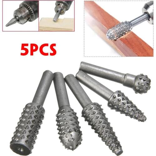 5pcs 6mm Shank Carbon Steel Rotary File Burr Set Wood Carving Rasp Drill Bits Tool
