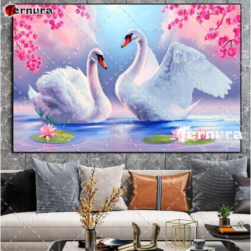 Diy Diamond Painting Two swans lotus Diamond Embroidery Pink flower Full square round drill Diamond Mosaic kits decoration salon