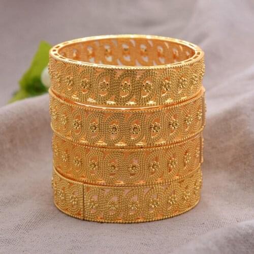 ANNAYOYO 4Pcs/lot Ethiopian Africa Gold Color Bangles for Women Flower Bride Bracelet African Wedding Jewelry Middle East Items