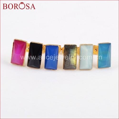 BOROSA 5pairs Rectangle Gold Color Multi-kind Stone Faceted Stud Earrings,Rainbow Drusy Stone Gems Earrings for Wholesale G1298