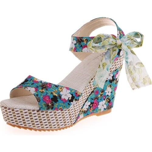 Summer Beach Boho Floral Wedge Sandals Women Ankle Strap Platform Gladiator Shoes Woman High Heels Sandalias Mujer 2020