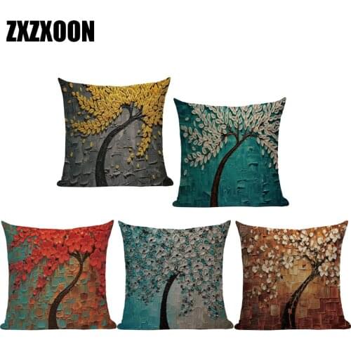 Decorative Throw Pillows Case Mural Yellow Red Tree Wintersweet Cherry Blossom Linen Sofa Cushion Cover for Home Living Room