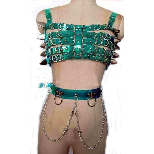 2pcs Set Sexy Women100% Handmade 5 Row Caged Bra Bondage Heavy Duty Metal Chest Bra Oversized Choker Waist Belt with Chain Link