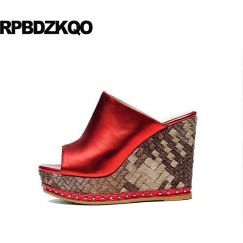 Red Rivet Peep Toe Stud Slippers Shoes Slides Pumps Genuine Leather Extreme Wedge Sandals High Heels Platform Sexy Fetish Women