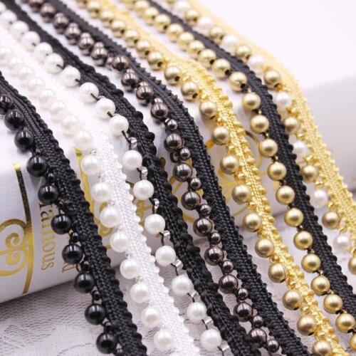10y White Black Gold Pearl Beaded Lace Trim Tape Lace Ribbon African Lace Fabric Collar Dress Sewing Garment Headdress Materials