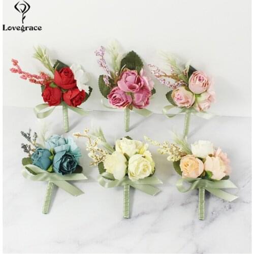 Lovegrace Boutonniere and Corsage Groom Brooch Pins Bride Wrist Corsage Silk Rose Girl Bracelet Men Prom Wedding Boutonniere