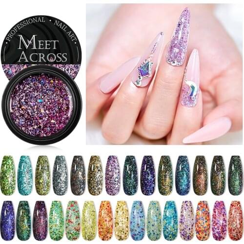 MEET ACROSS 7pcs Galaxy Flash Gel Nail Polish Set Nail Shiny Glitter Sequins Lacquer Varnish Soak Off UV Gel Nail Beauty Design