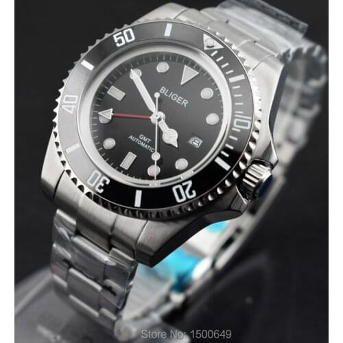 BLIGER Big 43mm Sterile dial Ceramic Bezel red GMT automatic Date mens' wristwatch