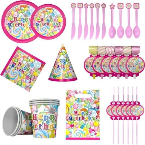 Candy Happy Birthday Party Disposable Tableware Set Paper Plates Cup Napkins Tablecloth Baby Birthday Party Decorations Supplies