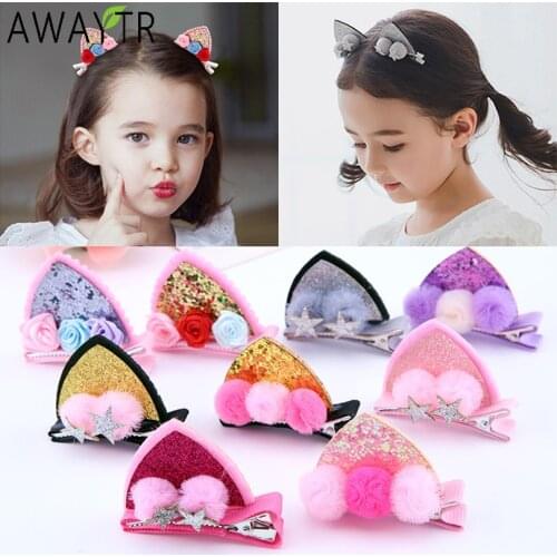 2pcs/Set Cute Hair Clips For Girls Glitter Rainbow Felt Fabric Flowers Hairpins Cat Ears Bunny Barrettes Kids Hair Accessories