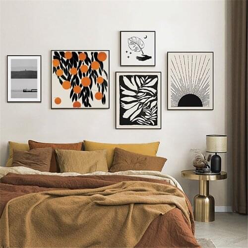 Abstract Orange Leaf Wall Art Poster Moon Star Line Drawing Canvas Painting Sun Skyline Landscape Art Prints Modern Home Decor