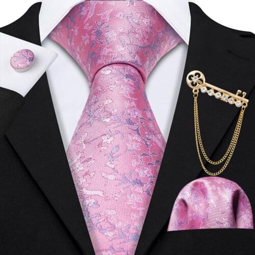 New Fashion Desinger Men Tie Brooch Set Pink Striped Silk Tie Necktie Handkerchief Cravat Barry.Wang For Wedding Party LS-5221