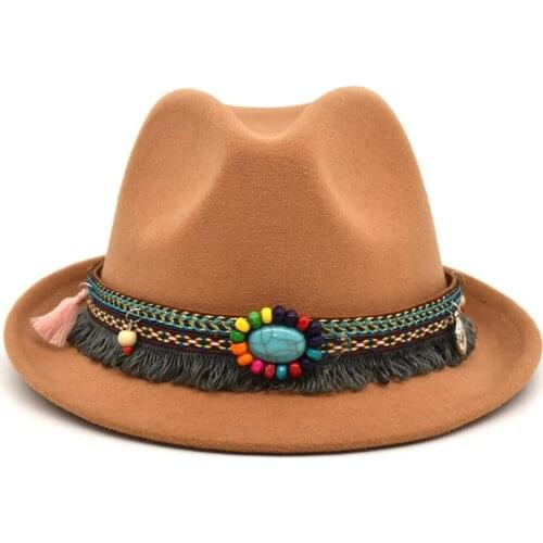 Autumn And Winter Ladies Solid Color Warm Wool Hat Tassel Retro Jazz Hat Big Brim Hat Church Hat Panama Gambler Hat F9