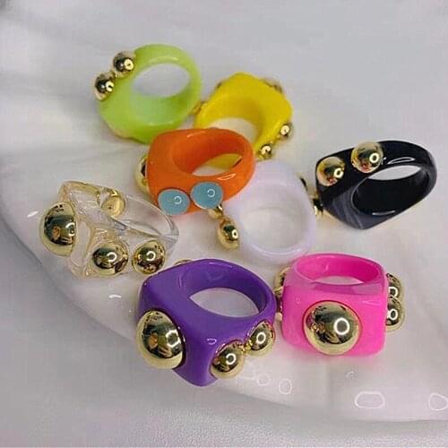 Punk Geometric Big Resin Rings For Women Colorful Large Square Acrylic Golden Bead Ring Female Party Aesthetic Jewelry