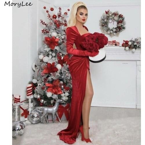 Prom Dresses Mermaid Long Sleeves Square Side Slit Zipper Back Velour Pleated Mermaid Prom Dresses vestidos de fiesta de noche