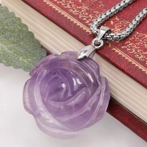 Natural Stone Rose Flower Crystal Amethyst Pendant Reiki Healing Quartz Charms For Jewelry Making Diy Necklace