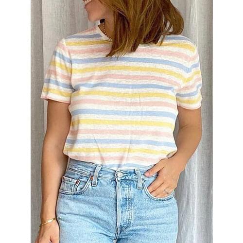 Striped T-Shirt Women Summer Short Sleeve Round Neck Casual Tee Shirt T Shirt Femme Elegant Top Tshirt Haut Fashion