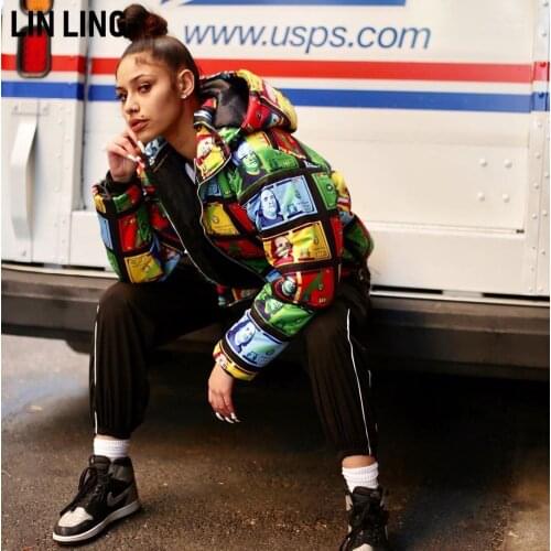 Trendy Colorful Banknote Pattern Comfortable Bread Jacket Winter Fashion Hooded Down Coat