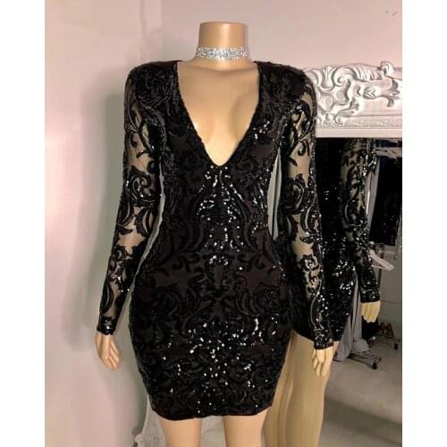 Sexy Burgundy Black Lace Plus Size Short Prom Dresses 2021 Sexy V Neck Long Sleeves African Black Girl Party Cocktail Dress