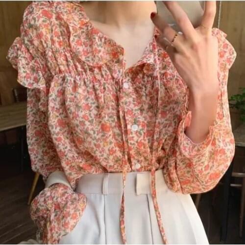 2020 Spring New Women Cute Blouse Ruffles Long Sleeve Floral Shirt Prairie Chic Chiffon Ladies Tops Blusas Mujer Chemise