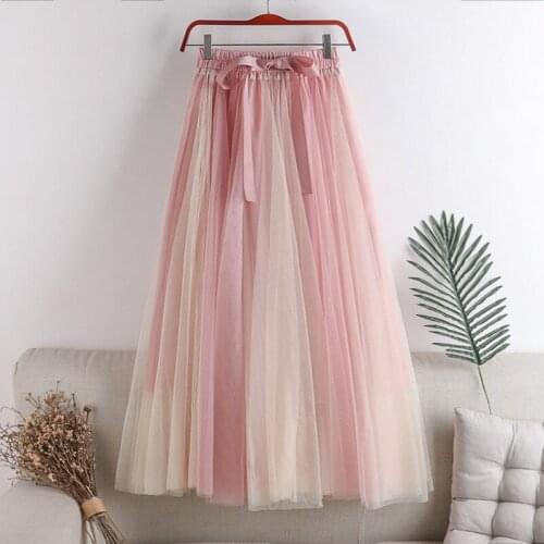 Summer New Style High-Waisted Skirt A-Line Big Swing Thin Contrast Color Net Gauze Tutu Mid-Length Skirt Female W322