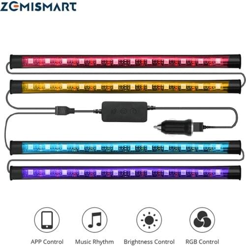Zemismart RGB Car Interior Atmosphere Light Led Car Light Strip with USB Cigaret Lighter Car Decoration Tuya Bluetooth Control