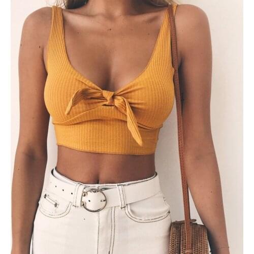Ribbed Bow Tie Camisole Tank Tops Women Summer Basic Crop Top Streetwear Fashion Y2K Cropped Tees Camis