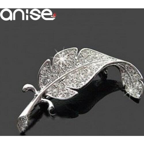 Anise Luxury Full Crystal Rhinestone Leaf Brooches Fashion Silver Color Feather Brooch Pin for Women Men Banquet Wedding Jewelry