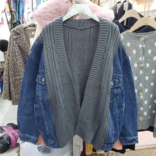 Knitted Splicing Denim Jacket Women Short Outerwear Chaquetas Mujer Autumn New Loose V-Neck Long Sleeve Jeans Jacket Coat Female