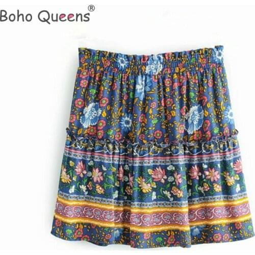 Boho Queens Women Summer fashion Hippie boho skirt stitching Bohemian floral printed rayon mini skirts female oversize