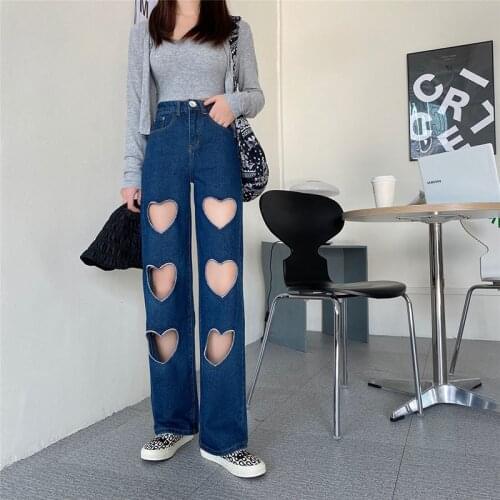 2021 High Quality Women Denim Pants Fashion Hole High Waist Jeans Woman Korean Solid Loose Trousers High Street Wide Leg Pant