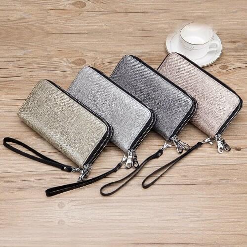 New Genuine Leather Double Zipper Wallet Ladies Long Large Capacity Women Clutch Bag Bling Wallet Phone Bag Card Holder