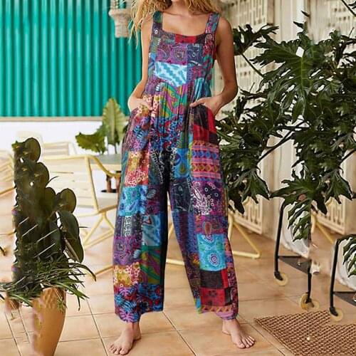 Women Summer Overalls, Multicolor Ethnic Style Square Neck Sleeveless Casual Jumpsuit with Pockets for Girls, Red/Blue