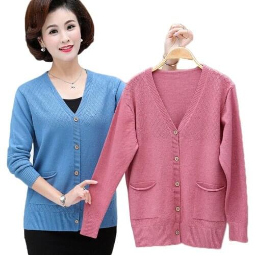 Middle-aged And Elderly Mother Spring Short Knitted Cardigan Women V-Neck Long Sleeve Sweater Coat Fall Thin Female Knitwear 462
