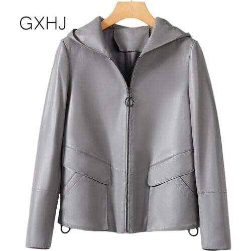 Ladies hooded leather coat Autumn European Womens Grey Faux Leather Jacket Ladies Punk Casual Pu Biker Coat LHJ365