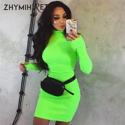 ZHYMIHRET 2021 Autumn Winter Long Sleeve Neon Color Dress Long Sleeve Skinny Mini Sexy Dress Party Ribbed Female Vestidos