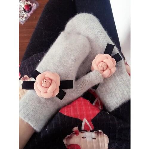 Winter Rabbit Hair Camellia Mittens Fur Fingerless Gloves for Ladies and Girls