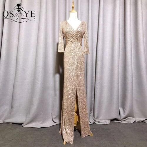 QSYYE Sparkle Gold Evening Dress Fitted Mermaid Long Sleeves Evening Gown Glitter V Neck Split Party Dress Sequin Formal Gown