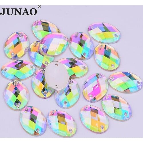 JUNAO 13*18mm Sewing Oval Shape Clear AB Rhinestones Appliques Flat Back Acrylic Gems Sew On Strass Crystals Stones for DIY