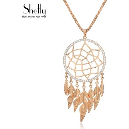 Shefly Long Necklace Big Leaf Feather Tassel Gold Pendant Hollow Jewelry Dream Catcher Necklace For Women Gift collier boheme