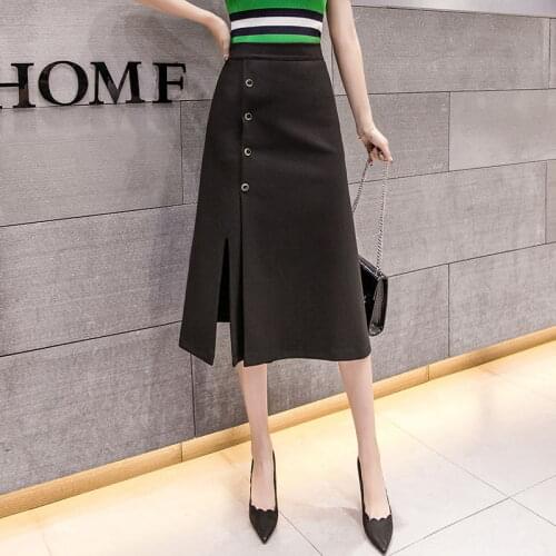 Elegant Korean Style Women Office Formal A-Line Skirt Spring Solid Color Button High Waist Skirt Plus Size 5Xl Black OL Skirts