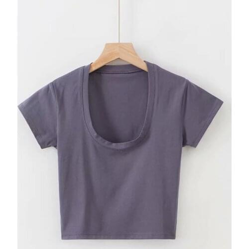 Cotton U-Neck Top Summer T-Shirt Women Clothing Pure Color Slim Crop Tops Camis Basic Harajuku Pullovers Casual Female T-Shirts