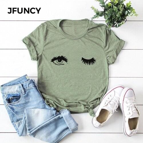 JFUNCY Plus Size S-5XL Hot Eyes Print Women T Shirt 100% Cotton O Neck Short Sleeve Summer T-Shirt Woman Tops Casual Tshirt