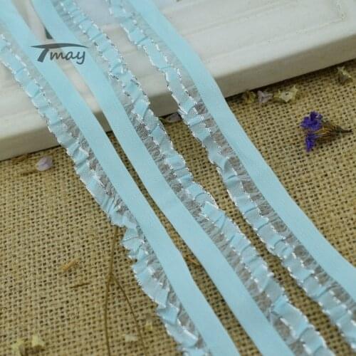 #242 Blue+Silver edge ruffled lace trim 16MM 6yards/lot Adorn Baby Girls Clothes Skirts Waistband hair Elastic bands Webbing