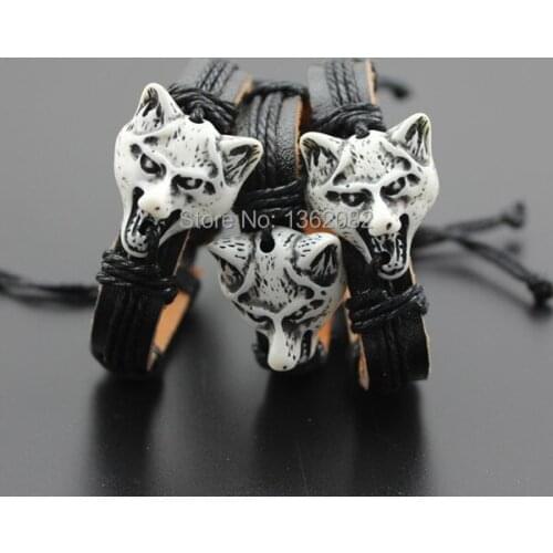 Hot Wholesale lot 12 PCS Handwoven Wolf Head Black Leather Surfer Bracelet Bangle Gift MB78