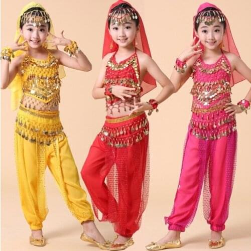 Girl Belly Dance Costume Set Kids Belly Dancing Girls Bollywood Indian Performance Costumes 4PCS Set